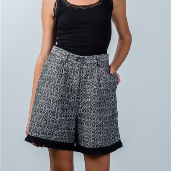 Beulah Pants - Black Frayed Hem Knee-Length Shorts